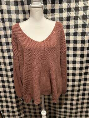 89th + Madison Mauve V-Neck Oversized Knit Sweater with Embellished Back Strap